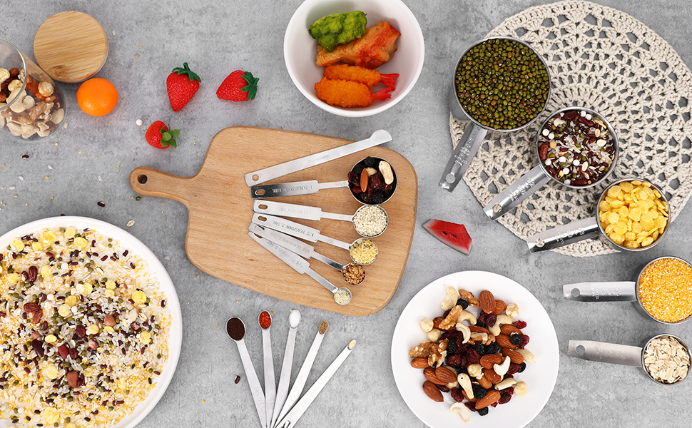 Measuring Cups and Spoons Set of 16,5 Nesting Metal Measuring Cups and 5 Measuring Spoons,1 Leveler and 5 Mini Measuring Spoons for Cooking,Baking,Dry and Liquid Ingredients