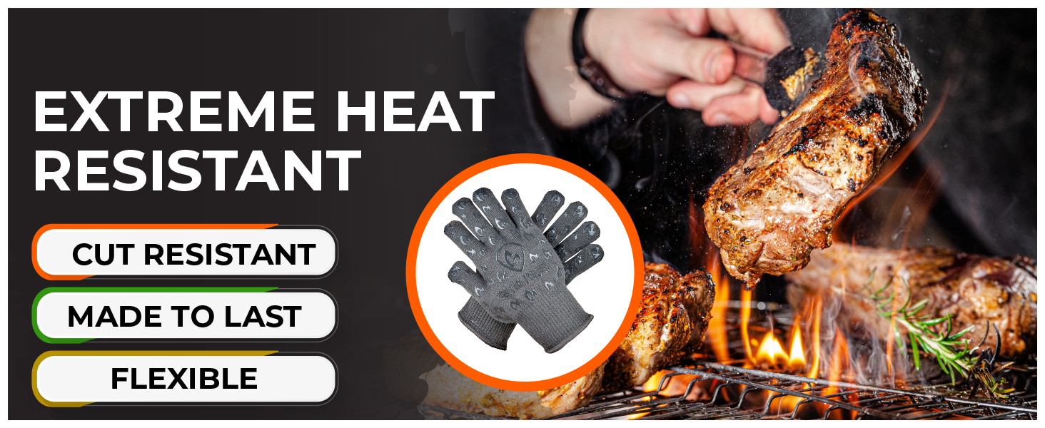 Oven Gloves with Fingers - 932°F Extreme Heat Proof and Cut Resistant Mitts for Kitchen, BBQ, Grill, Baking, Fire Pit - EN407 Certified with Non-Slip Silicone Grip and Cotton Lined for Comfort