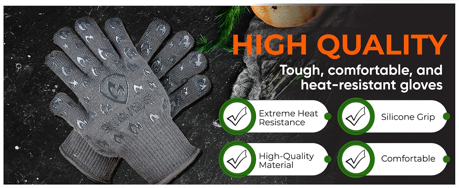 Oven Gloves with Fingers - 932°F Extreme Heat Proof and Cut Resistant Mitts for Kitchen, BBQ, Grill, Baking, Fire Pit - EN407 Certified with Non-Slip Silicone Grip and Cotton Lined for Comfort