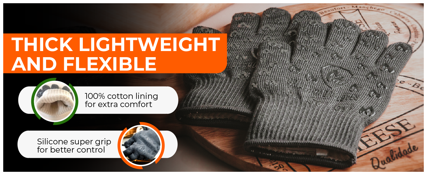 Oven Gloves with Fingers - 932°F Extreme Heat Proof and Cut Resistant Mitts for Kitchen, BBQ, Grill, Baking, Fire Pit - EN407 Certified with Non-Slip Silicone Grip and Cotton Lined for Comfort