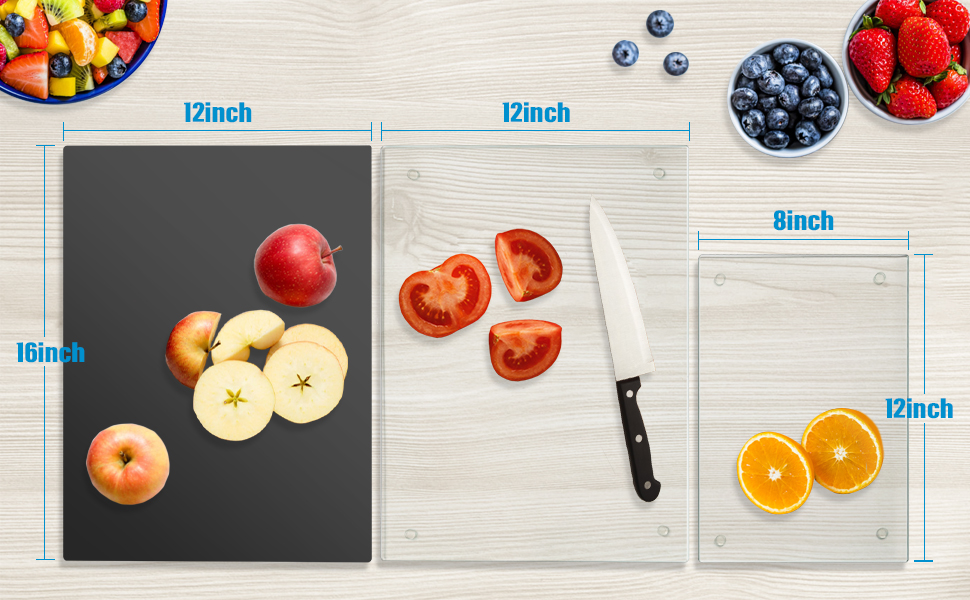 Tempered Glass Cutting Board for Kitchen, Clear Glass Board for Countertop, Heat Resistant, with Non-Slip Feet, 12x16" & 12x8" 2 Pcs Clear