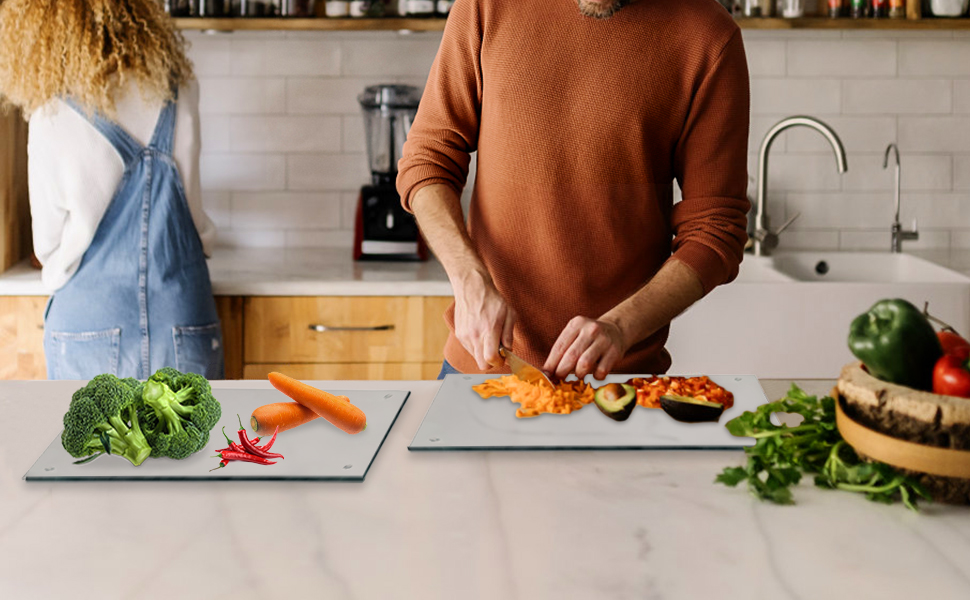 Tempered Glass Cutting Board for Kitchen, Clear Glass Board for Countertop, Heat Resistant, with Non-Slip Feet, 12x16" & 12x8" 2 Pcs Clear