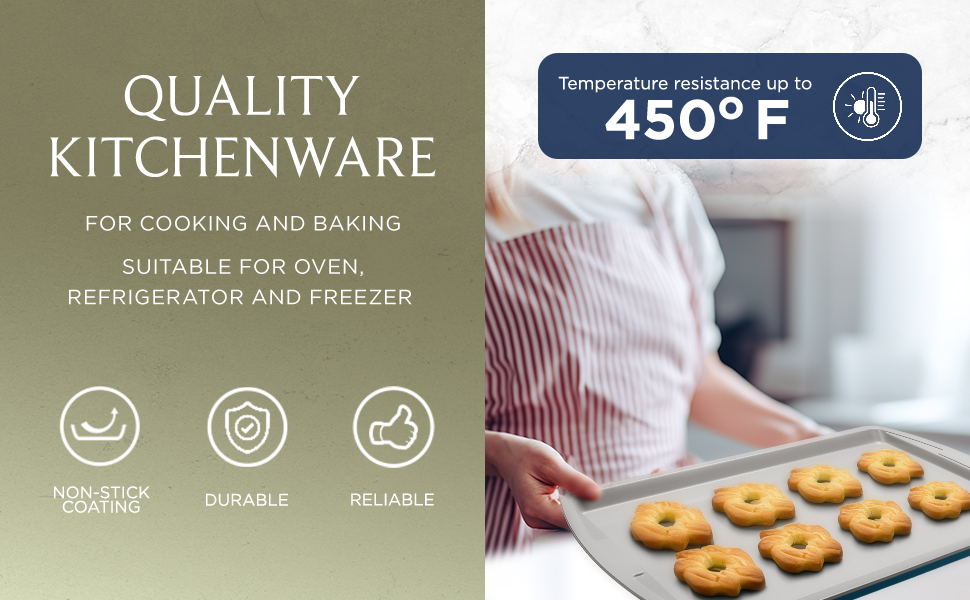 Bakken Swiss Cookie Sheet 3 Piece Set - Non-Stick, Stackable Baking Pans, White marble Deluxe Ceramic Coating – Dishwasher Safe - for Home Baking