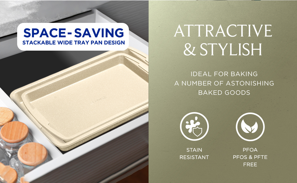 Bakken Swiss Cookie Sheet 3 Piece Set - Non-Stick, Stackable Baking Pans, White marble Deluxe Ceramic Coating – Dishwasher Safe - for Home Baking