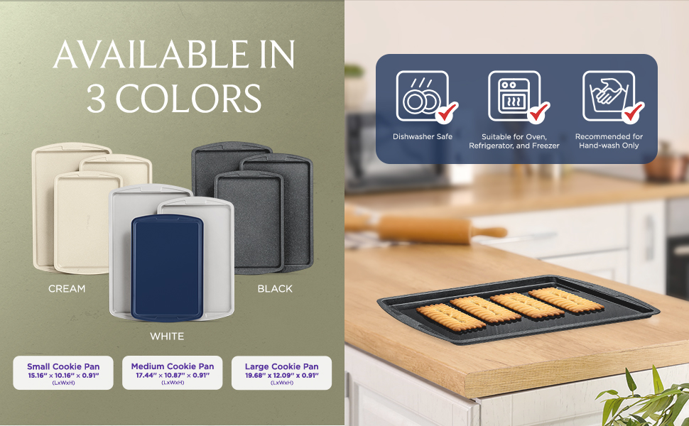 Bakken Swiss Cookie Sheet 3 Piece Set - Non-Stick, Stackable Baking Pans, White marble Deluxe Ceramic Coating – Dishwasher Safe - for Home Baking