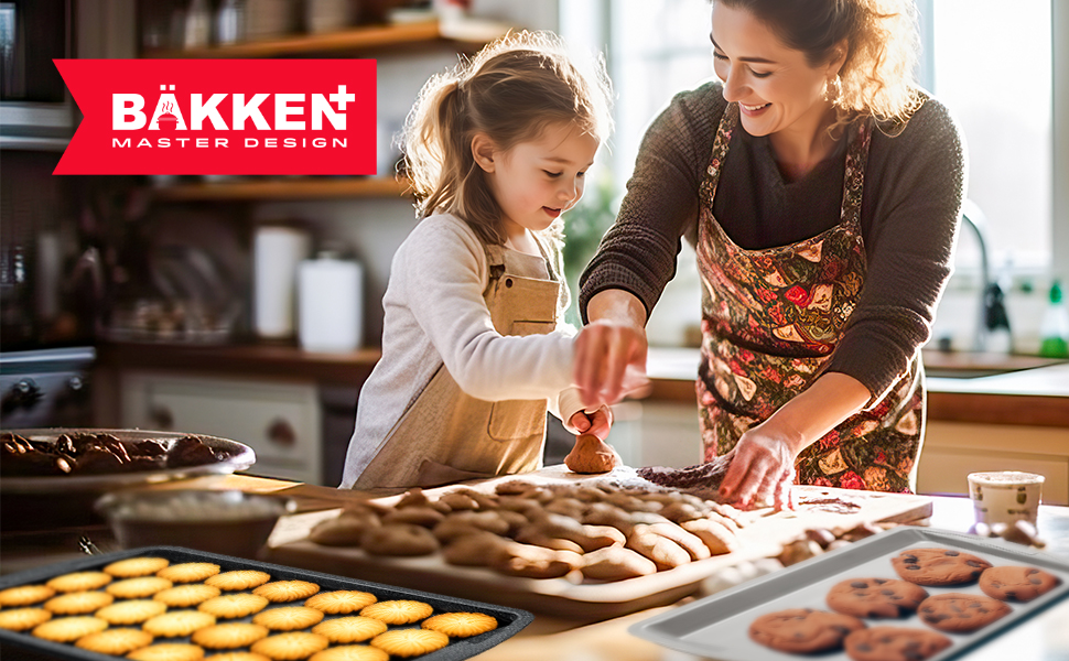 Bakken Swiss Cookie Sheet 3 Piece Set - Non-Stick, Stackable Baking Pans, White marble Deluxe Ceramic Coating – Dishwasher Safe - for Home Baking