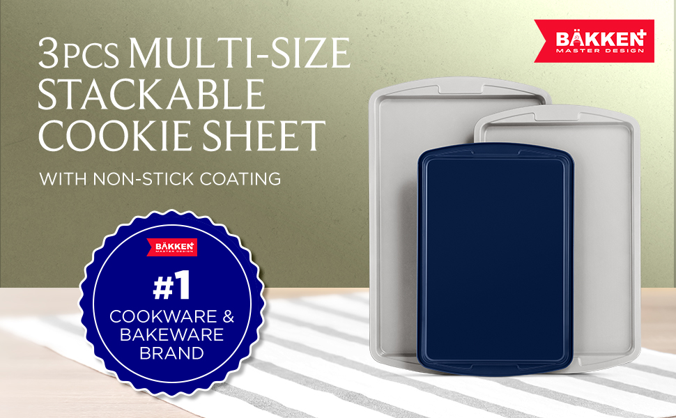 Bakken Swiss Cookie Sheet 3 Piece Set - Non-Stick, Stackable Baking Pans, White marble Deluxe Ceramic Coating – Dishwasher Safe - for Home Baking