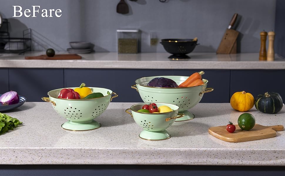 Metal Colander Set of 3, Strainer Basket with Handles perfect for Spaghetti, Pasta, Berry, Vegetable, Fruit, Solid Base Powder Coated Kitchen Essential Strainer Set, 1 & 3.5 & 5 Qt (Green)