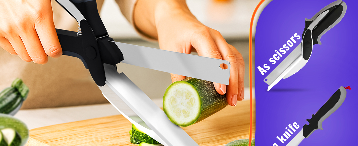 2 in 1 Kitchen Scissors for Food – Stainless Steel Blade & Plastic Cutting Board Scissors with Safety Lock | 9.5