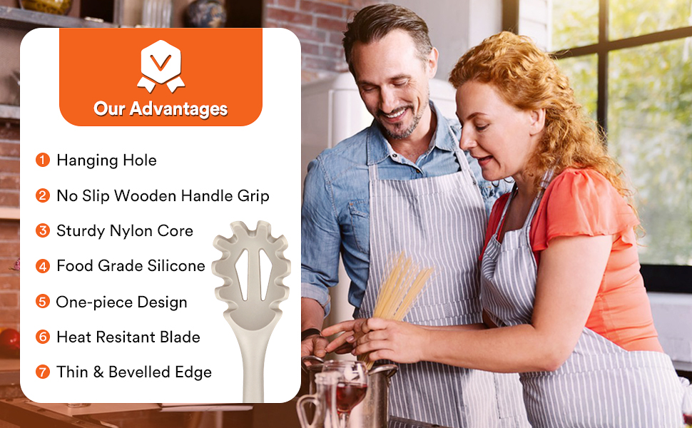 Silicone Pasta Fork And Cooking Spoon, Kitchen Heat Resistant Noodle Spoon Server, BPA Free Spaghetti Strainer,12.8 inch