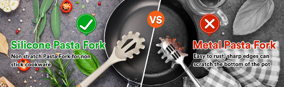 Silicone Pasta Fork And Cooking Spoon, Kitchen Heat Resistant Noodle Spoon Server, BPA Free Spaghetti Strainer,12.8 inch