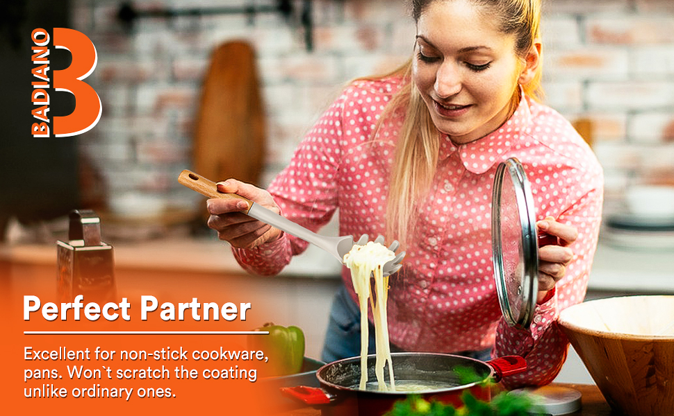 Silicone Pasta Fork And Cooking Spoon, Kitchen Heat Resistant Noodle Spoon Server, BPA Free Spaghetti Strainer,12.8 inch