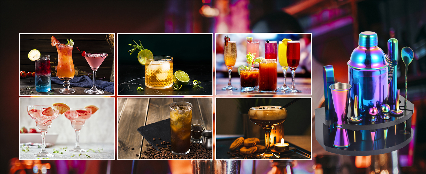 Bartender Kit with Stand, 12-Piece Bar Set | 24oz Cocktail Shaker Set for Drink Mixing, Martini Shaker Set with Bar Tools, Recipes Booklet | Fun Housewarming Gift (Rainbow)