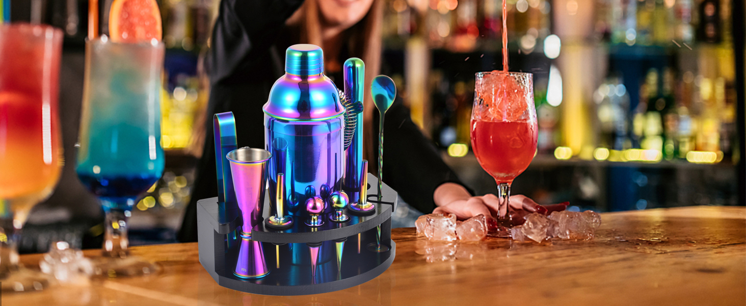 Bartender Kit with Stand, 12-Piece Bar Set | 24oz Cocktail Shaker Set for Drink Mixing, Martini Shaker Set with Bar Tools, Recipes Booklet | Fun Housewarming Gift (Rainbow)