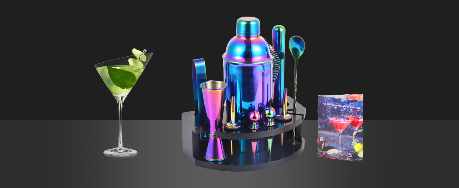 Bartender Kit with Stand, 12-Piece Bar Set | 24oz Cocktail Shaker Set for Drink Mixing, Martini Shaker Set with Bar Tools, Recipes Booklet | Fun Housewarming Gift (Rainbow)