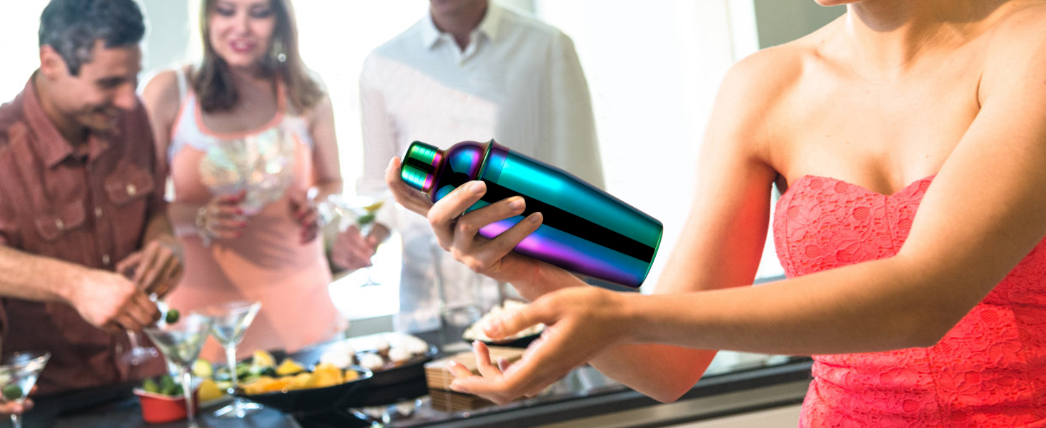 Bartender Kit with Stand, 12-Piece Bar Set | 24oz Cocktail Shaker Set for Drink Mixing, Martini Shaker Set with Bar Tools, Recipes Booklet | Fun Housewarming Gift (Rainbow)