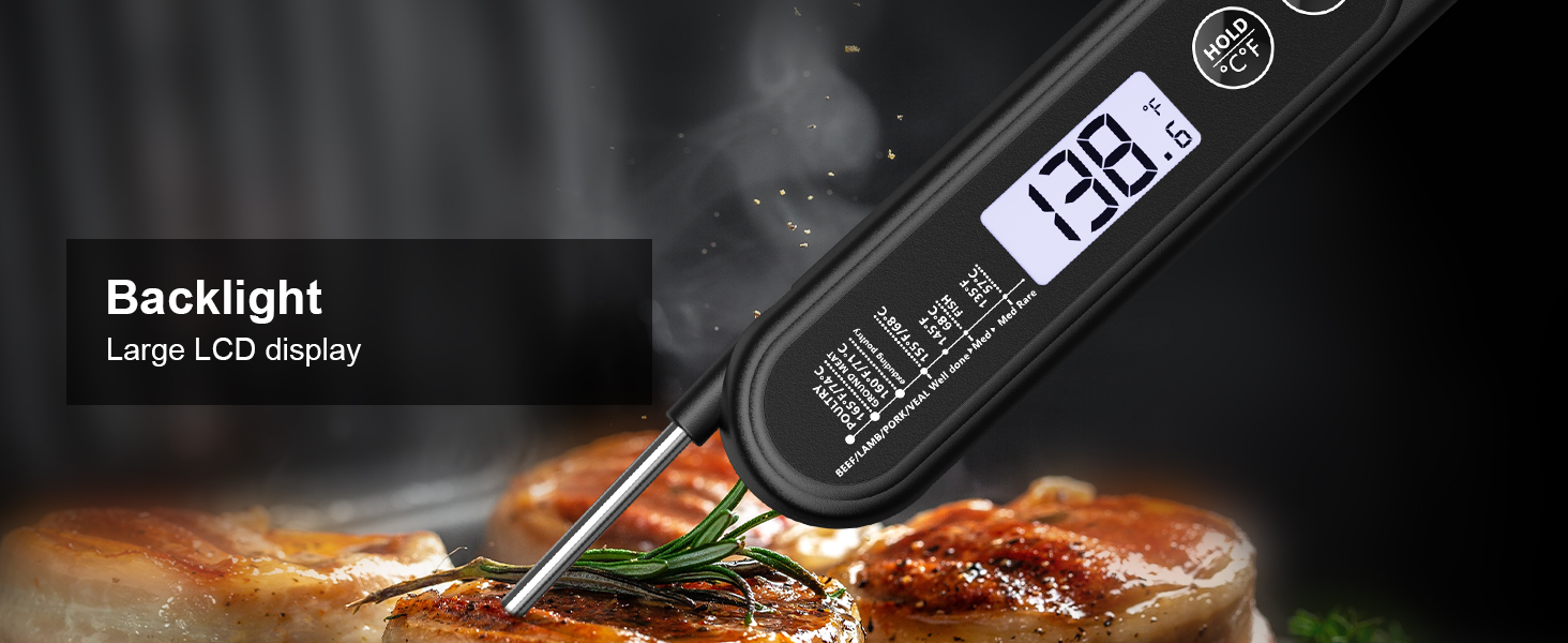 Ultrean Digital Meat Thermometer for Cooking,Ultra-Fast Instant Read Food Thermometer with Backlight,Foldable Probe,Waterproof Kitchen Thermometer for BBQ,Grill,Fry,Oven,Candy Making