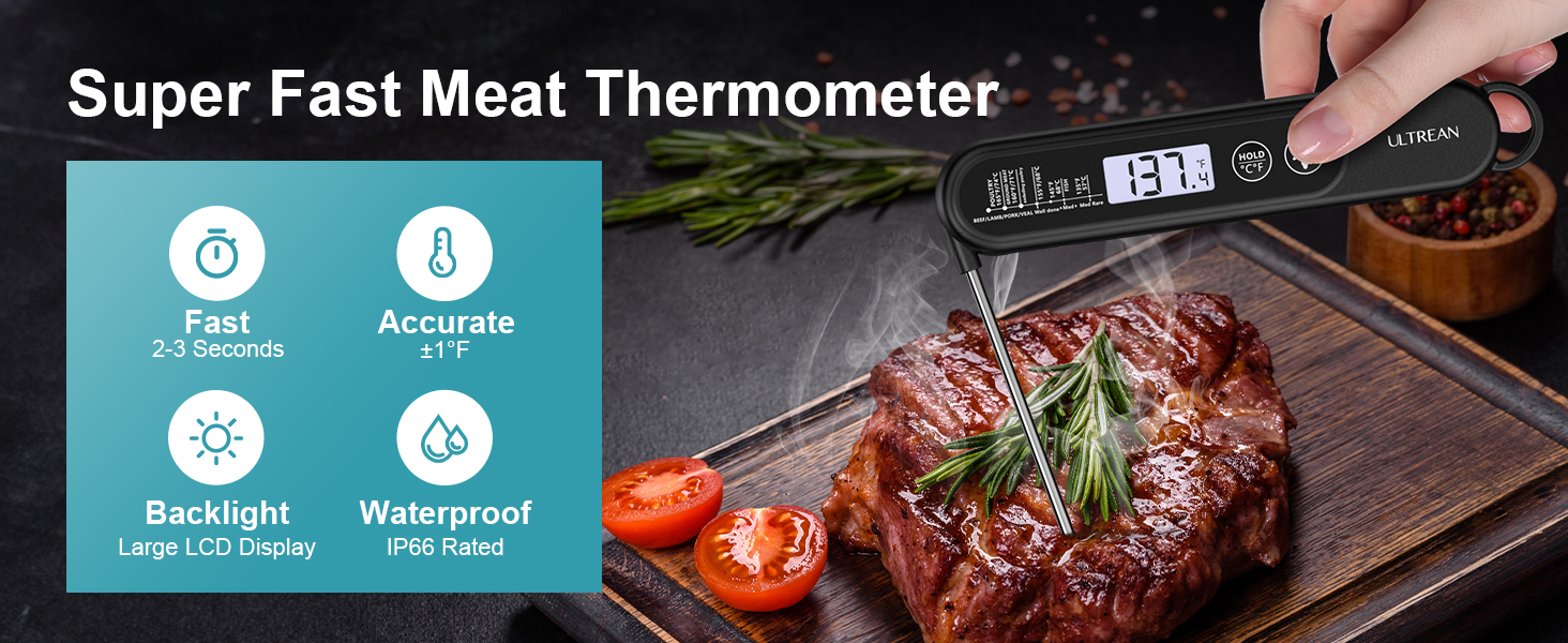 Ultrean Digital Meat Thermometer for Cooking,Ultra-Fast Instant Read Food Thermometer with Backlight,Foldable Probe,Waterproof Kitchen Thermometer for BBQ,Grill,Fry,Oven,Candy Making