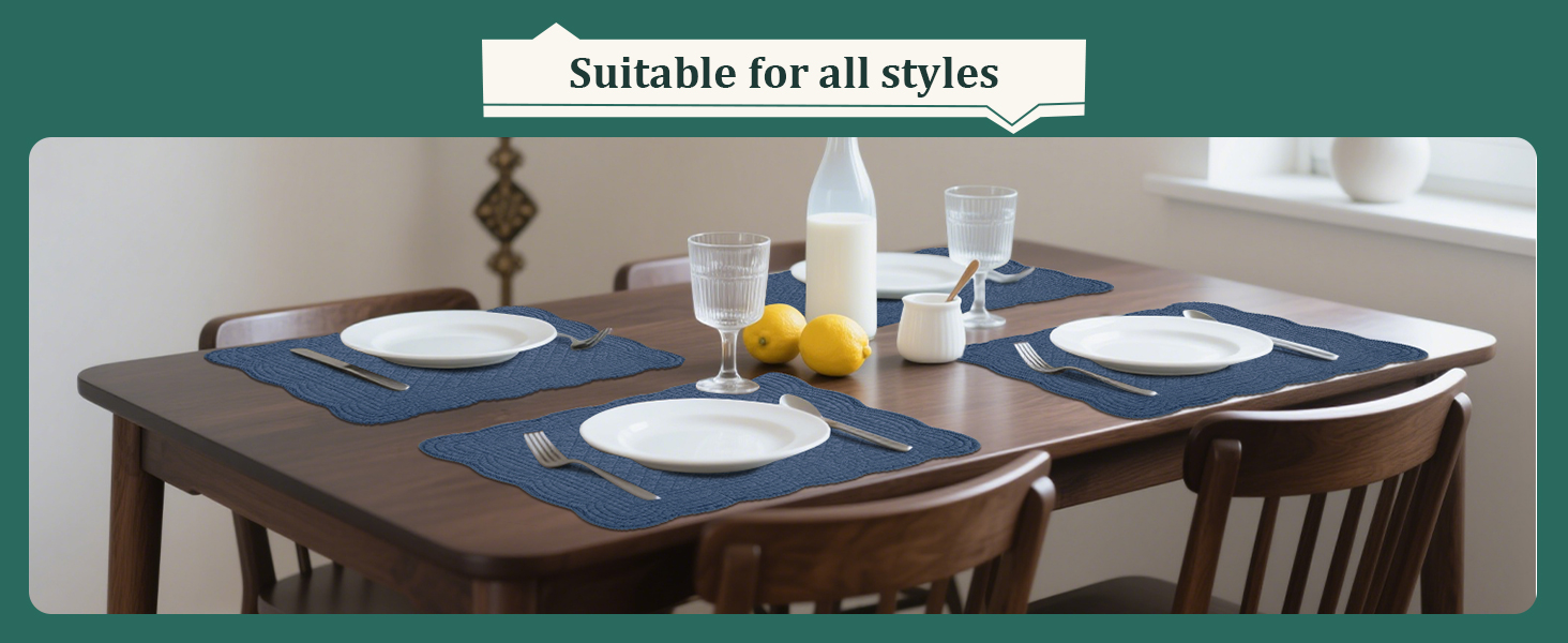 HOMBYS Quilted Placemats Set of 4 Washable-Rectangular Placemats for Kitchen Table-100% Cotton Fabric Rectangular Table Mats-Cotton, (Navy Blue)