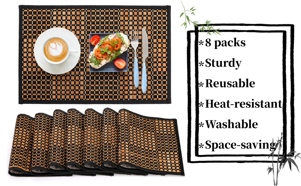 8 Pack Bamboo Placemats, Natural Anti-Slip Dining Table Mats, Heat-Resistant Place Mats, Japanese Style Washable Placemats for Dining Room, Kitchen, Restaurant, 18 x 12 Inch