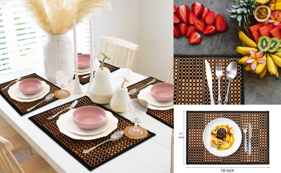 8 Pack Bamboo Placemats, Natural Anti-Slip Dining Table Mats, Heat-Resistant Place Mats, Japanese Style Washable Placemats for Dining Room, Kitchen, Restaurant, 18 x 12 Inch