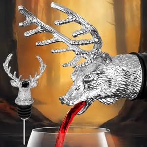 Reindeer Pourer and Deer Head Wine Corks, Bar and Household Wine Corks, Animal Wine Pourer (Silver)