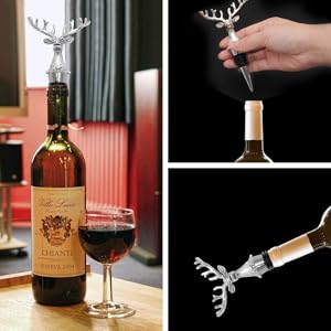 Reindeer Pourer and Deer Head Wine Corks, Bar and Household Wine Corks, Animal Wine Pourer (Silver)