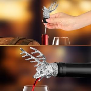 Reindeer Pourer and Deer Head Wine Corks, Bar and Household Wine Corks, Animal Wine Pourer (Silver)