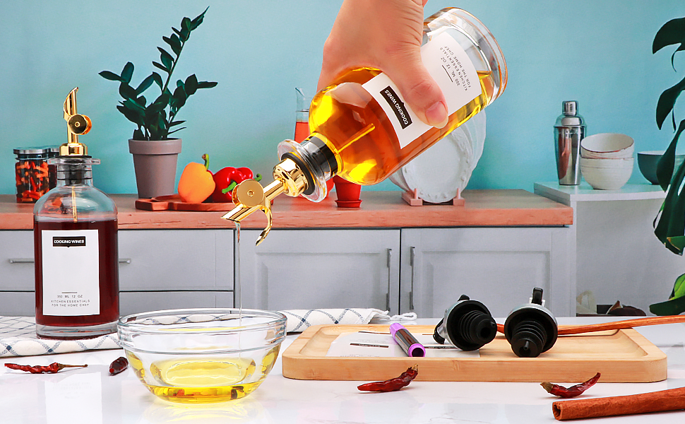 12 oz Olive Oil Dispenser Bottle for Kitchen - Elegant Glass Set of 2 With Pour Spout for Coffee Syrup, Vinegar