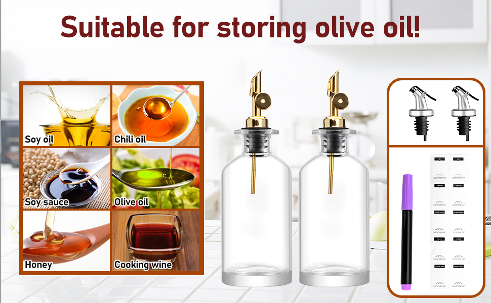 12 oz Olive Oil Dispenser Bottle for Kitchen - Elegant Glass Set of 2 With Pour Spout for Coffee Syrup, Vinegar
