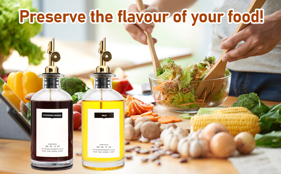 12 oz Olive Oil Dispenser Bottle for Kitchen - Elegant Glass Set of 2 With Pour Spout for Coffee Syrup, Vinegar