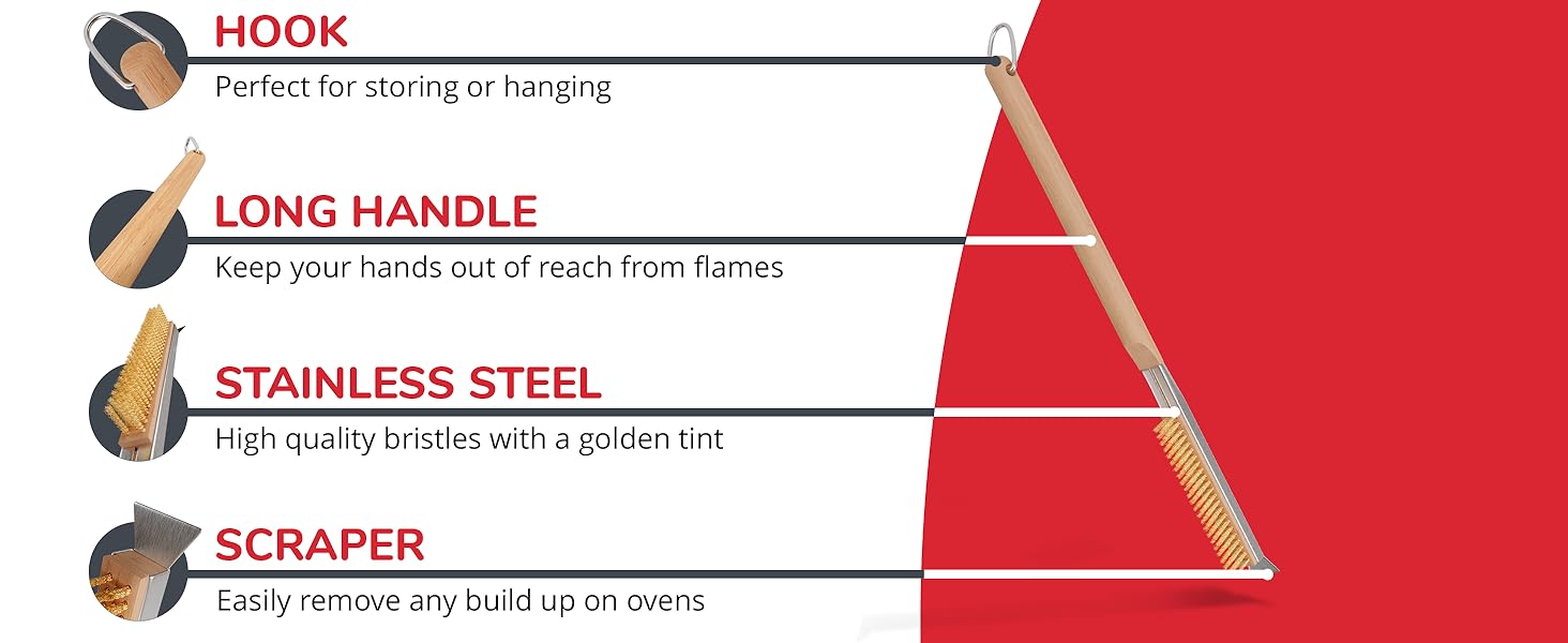 22” Pizza Oven Brush with Stone Scraper - Heat Resistant Stainless Steel Bristles, Extra Long Handle - Universal Fit for Most Pizza Ovens