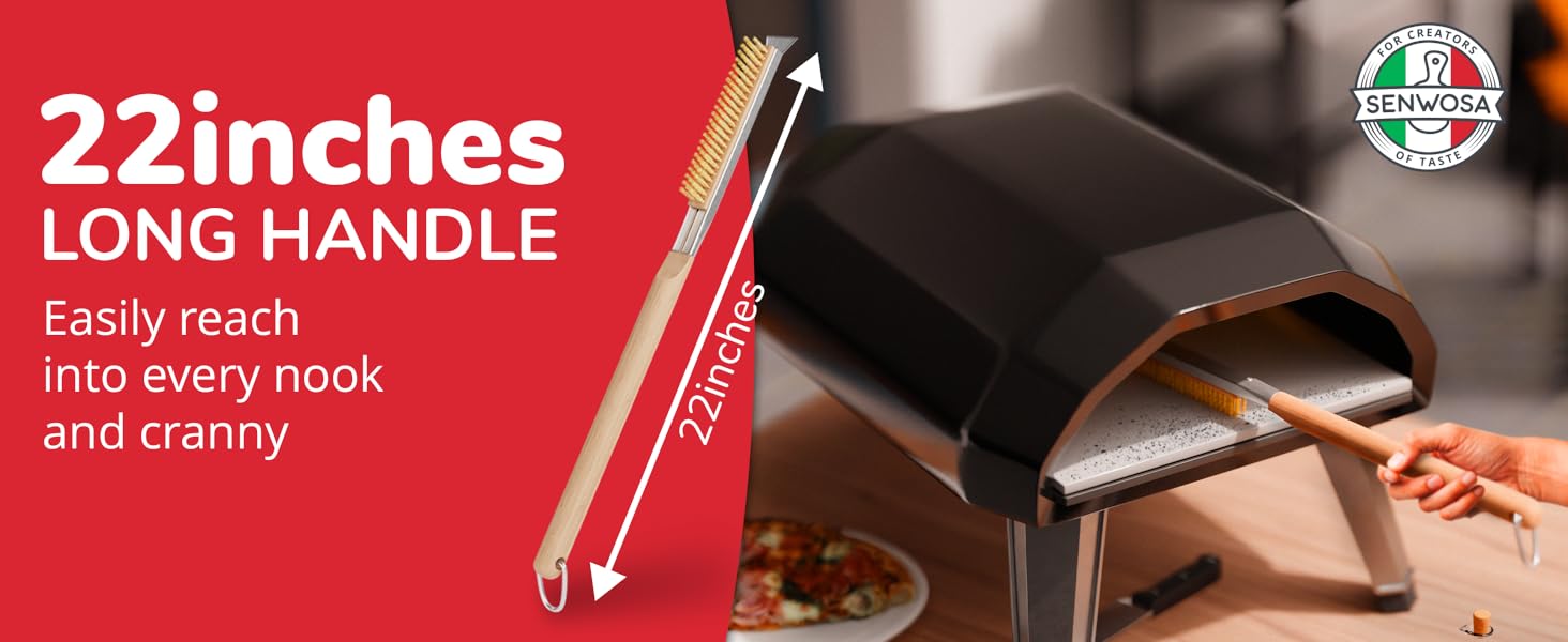 22” Pizza Oven Brush with Stone Scraper - Heat Resistant Stainless Steel Bristles, Extra Long Handle - Universal Fit for Most Pizza Ovens