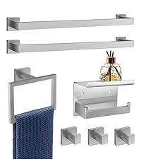 5 Piece Brushed Nickel Towel Bar Set Bathroom Hardware Set Brushed Nickel Bathroom Accessories Set with 2 Towel Hook, Stainless Steel Wall Mounted Bathroom Towel Rack Set Square 16-Inch