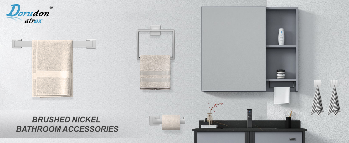 5 Piece Brushed Nickel Towel Bar Set Bathroom Hardware Set Brushed Nickel Bathroom Accessories Set with 2 Towel Hook, Stainless Steel Wall Mounted Bathroom Towel Rack Set Square 16-Inch