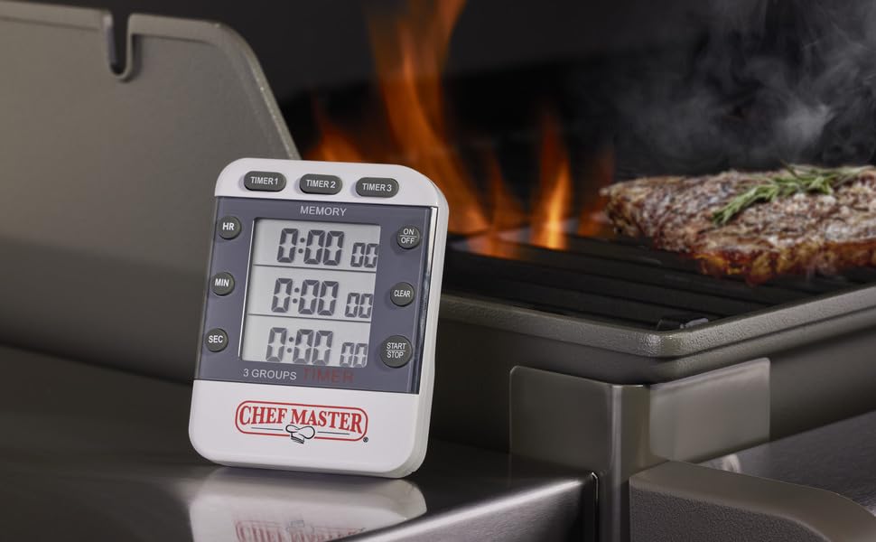 3-Channel Digital Timer by Chef Master, Triple Channel Count Up/Down Kitchen Digital Timer for Cooking, Roasting, Grilling, Marinade, Boiling, Baking, Pocket Clip, Stand & Magnet for Hands Free -90271