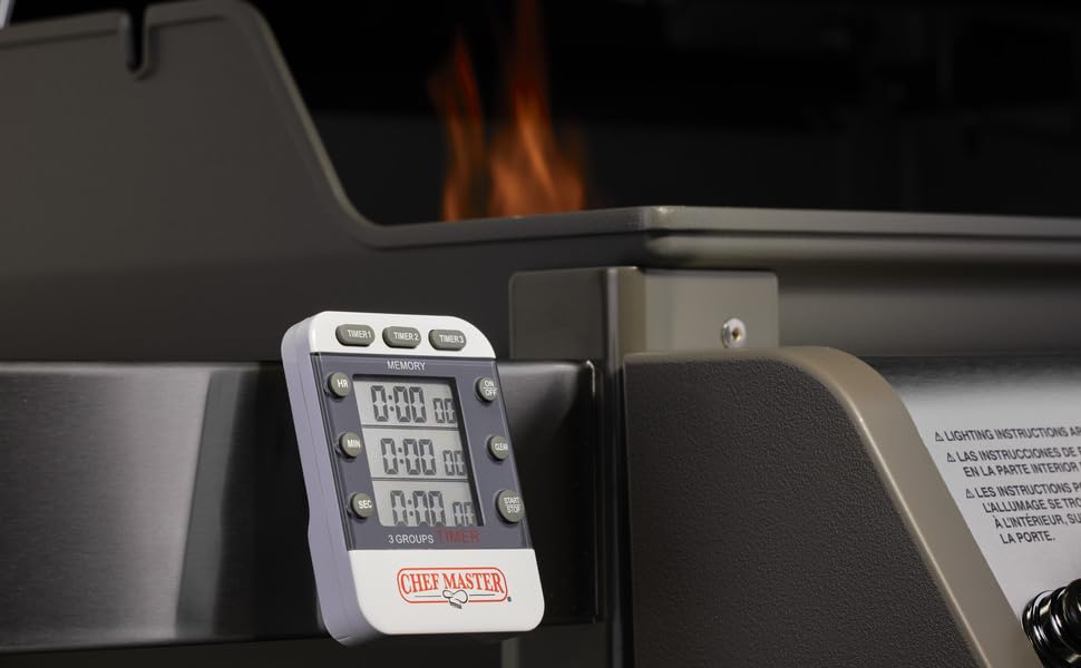 3-Channel Digital Timer by Chef Master, Triple Channel Count Up/Down Kitchen Digital Timer for Cooking, Roasting, Grilling, Marinade, Boiling, Baking, Pocket Clip, Stand & Magnet for Hands Free -90271