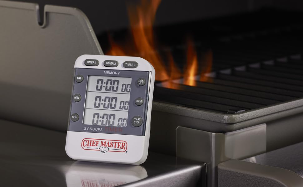 3-Channel Digital Timer by Chef Master, Triple Channel Count Up/Down Kitchen Digital Timer for Cooking, Roasting, Grilling, Marinade, Boiling, Baking, Pocket Clip, Stand & Magnet for Hands Free -90271
