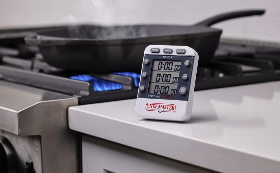 3-Channel Digital Timer by Chef Master, Triple Channel Count Up/Down Kitchen Digital Timer for Cooking, Roasting, Grilling, Marinade, Boiling, Baking, Pocket Clip, Stand & Magnet for Hands Free -90271