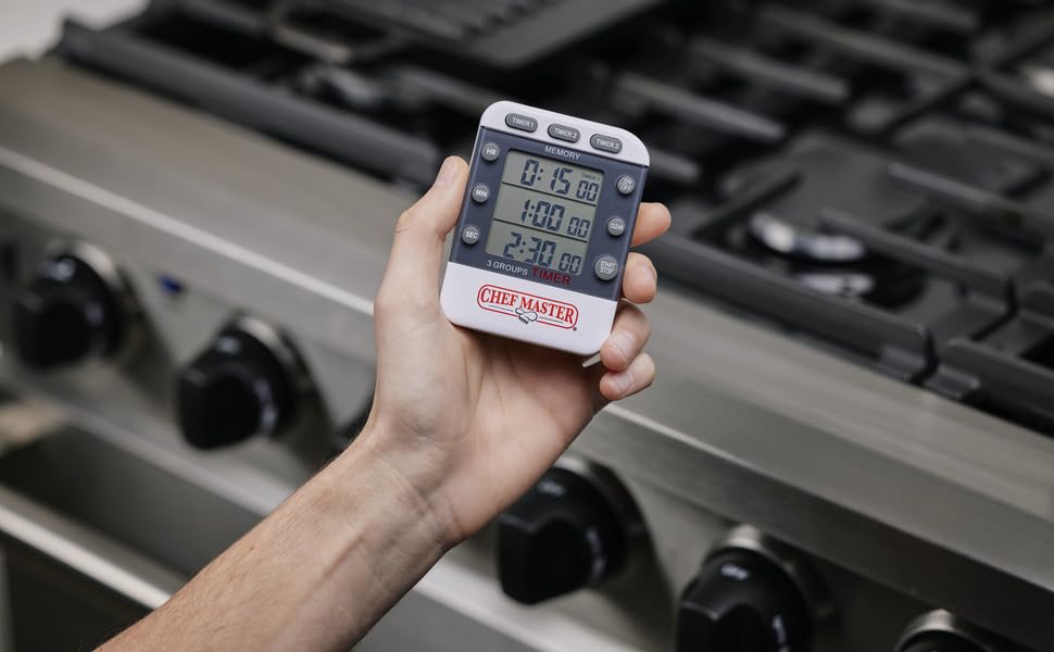 3-Channel Digital Timer by Chef Master, Triple Channel Count Up/Down Kitchen Digital Timer for Cooking, Roasting, Grilling, Marinade, Boiling, Baking, Pocket Clip, Stand & Magnet for Hands Free -90271