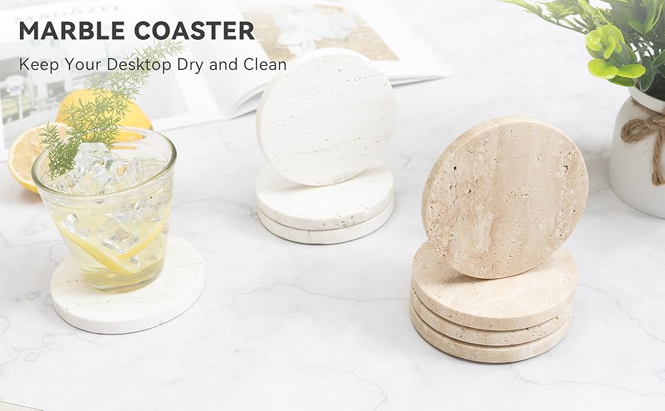 Beige Travertine Coasters Set of 4,Marble Absorbent Coasters 4 '',Ideal for Housewarming Gifts, Anniversaries, Office Decorations - Protects countertops - Sturdy and Durable, Beautiful and Generous