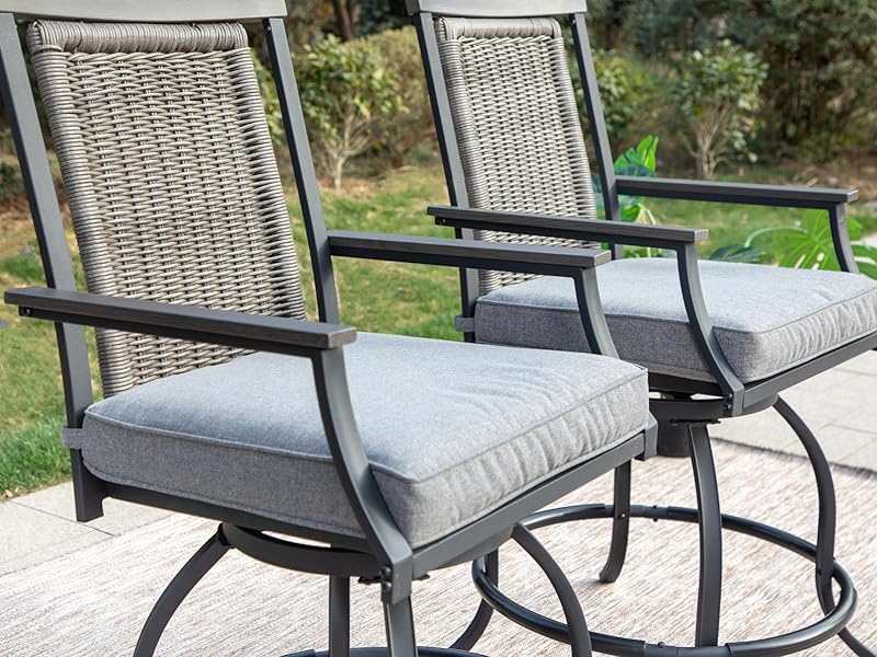 MFSTUDIO 3-Piece Outdoor Bar Set with 2 Swivel Wicker Rattan Bar Chairs and 1 Metal Table, Outdoor Patio Counter Height Table and Chairs