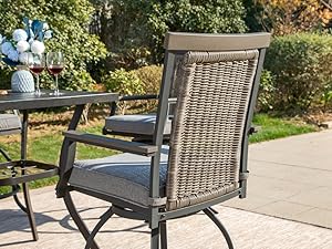 MFSTUDIO 3-Piece Outdoor Bar Set with 2 Swivel Wicker Rattan Bar Chairs and 1 Metal Table, Outdoor Patio Counter Height Table and Chairs