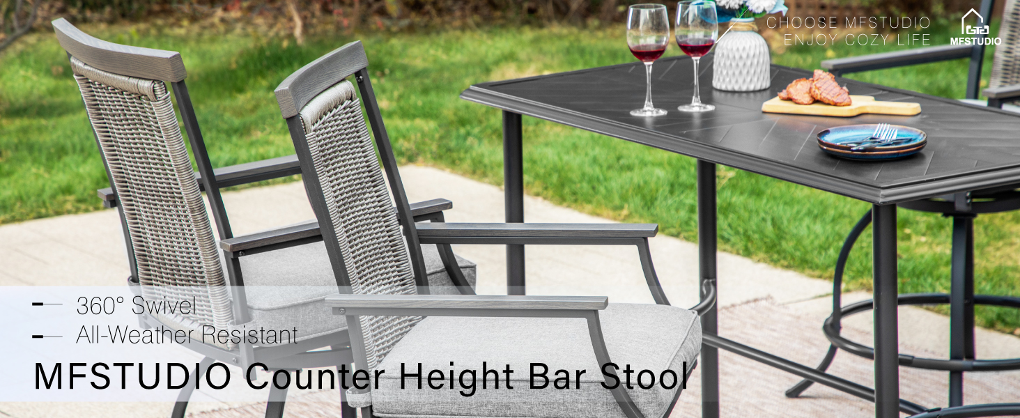 MFSTUDIO 3-Piece Outdoor Bar Set with 2 Swivel Wicker Rattan Bar Chairs and 1 Metal Table, Outdoor Patio Counter Height Table and Chairs