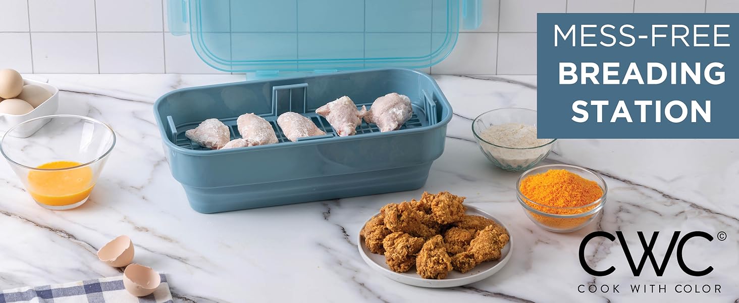 COOK WITH COLOR Collapsible Batter Bowl - Mess Free Breading Shaker Container - Great for Fried Fish, Fried Chicken, Onion Rings, Wings & More, Gray
