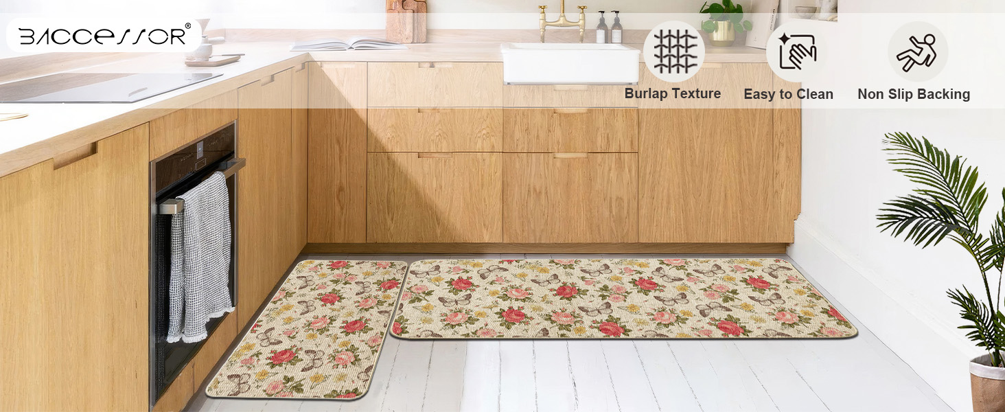 Baccessor Monstera Spring Kitchen Mats Set of 2, Banana Green Leaf Kitchen Rugs Low-Profile Non-Slip Absorbent Floor Mat 17x29 and 17x47 Inch Home Seasonal Decoration