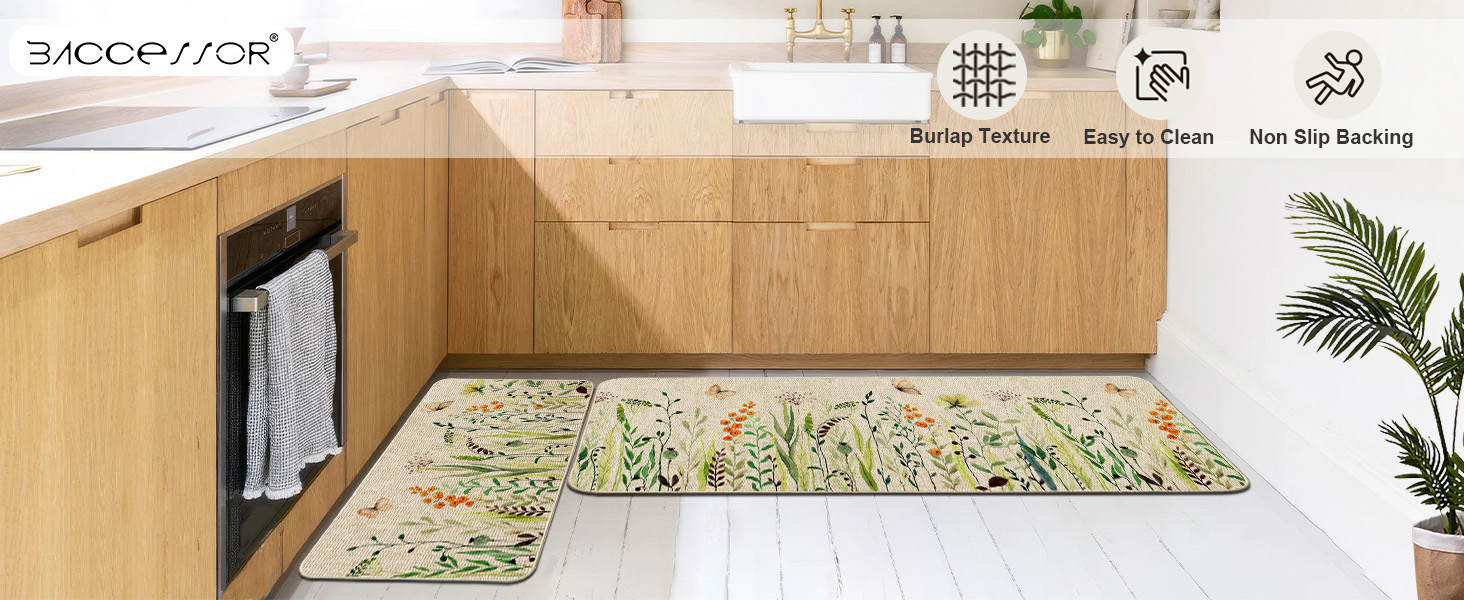 Baccessor Monstera Spring Kitchen Mats Set of 2, Banana Green Leaf Kitchen Rugs Low-Profile Non-Slip Absorbent Floor Mat 17x29 and 17x47 Inch Home Seasonal Decoration