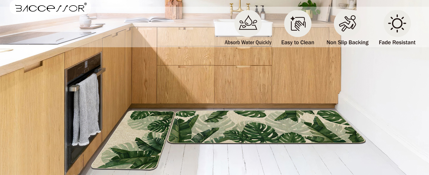 Baccessor Monstera Spring Kitchen Mats Set of 2, Banana Green Leaf Kitchen Rugs Low-Profile Non-Slip Absorbent Floor Mat 17x29 and 17x47 Inch Home Seasonal Decoration