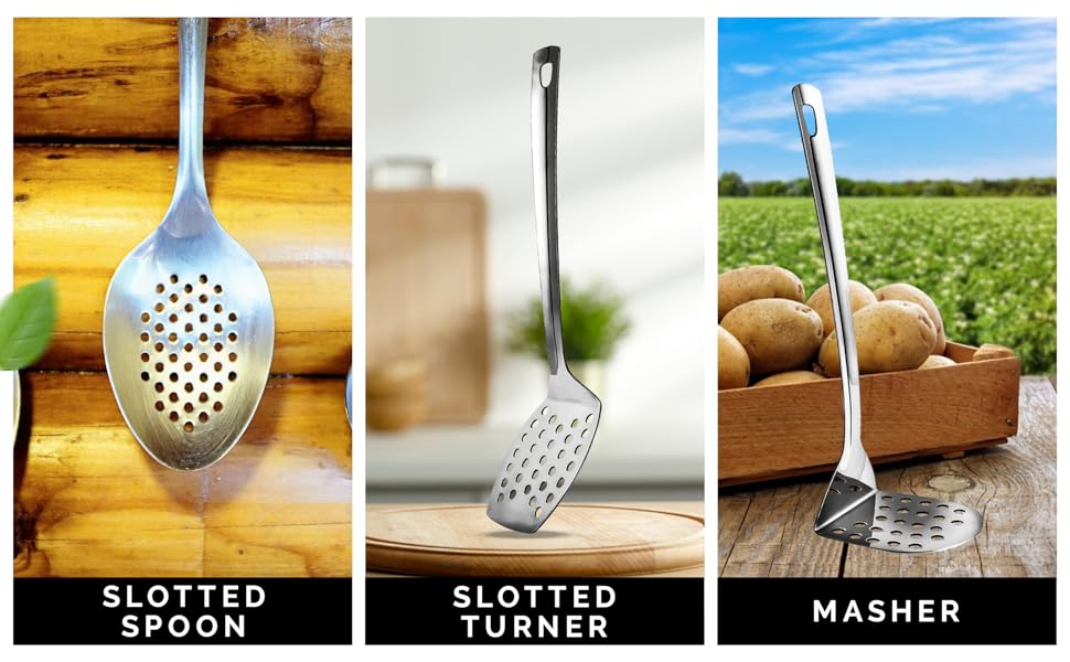 Stainless Steel Cooking Utensils Set 9 Piece, Kitchen Utensil Set Stainless Steel, Metal Cooking Tools Set, Heat Resistant, Dishwasher Safe, Premium Cooking Utensils 13-Inch