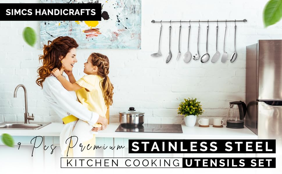 Stainless Steel Cooking Utensils Set 9 Piece, Kitchen Utensil Set Stainless Steel, Metal Cooking Tools Set, Heat Resistant, Dishwasher Safe, Premium Cooking Utensils 13-Inch